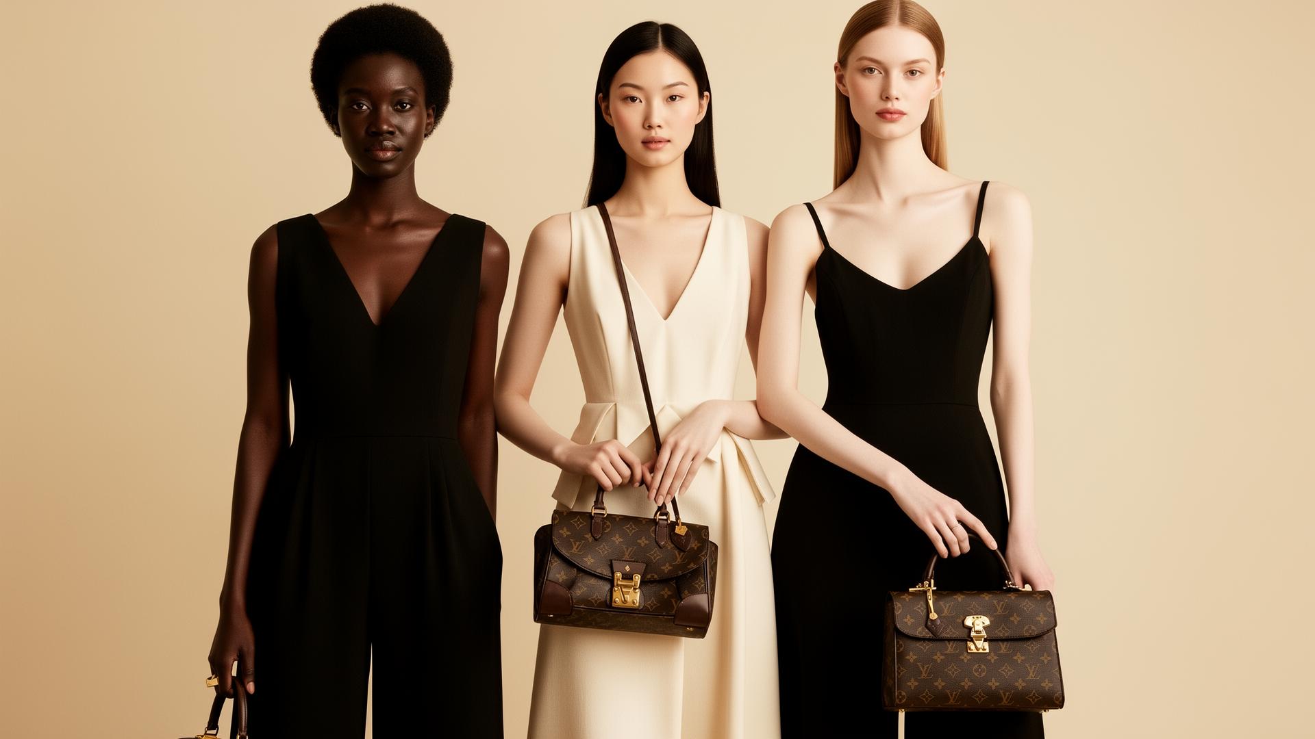 Three women holding luxury monogram handbags